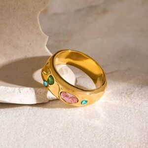 SIZE 8 | 18K Gold Plated Pink, Green, and Blue Gemstones Chunky Ring